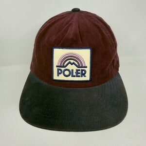 Poler Corduroy Snapback Hat Burgundy Navy Rainbow Mountain Patch Camp Vibes Cap